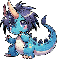 Illustration of a cute blue dragon with purple hair and a thoughtful expression
