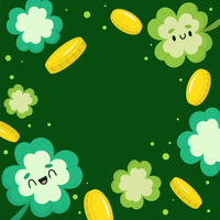 Cartoon clovers and gold coins on a green background