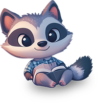 Cartoon raccoon reading a book