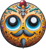 Colorful sugar skull illustration with large eyes and mustache