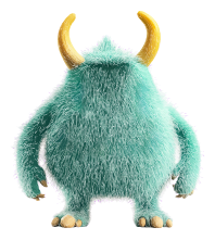 A furry, teal monster with yellow horns and sharp claws on a black background.