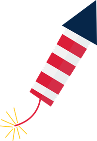 A cartoon-style firework with red and white stripes and a blue tip, with sparks flying out.