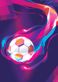 A soccer ball with swirling neon lights around it on a purple background.