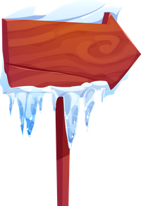 A cartoon-style wooden direction sign with icicles hanging from it.