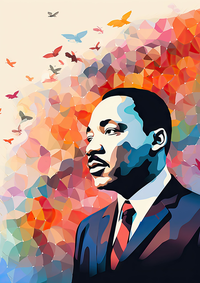Colorful mosaic portrait of Martin Luther King Jr. with birds