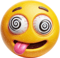 A yellow emoji with spiral eyes and tongue out