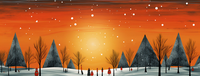 Illustration of a snowy landscape with trees at sunset