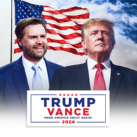 Trump Vance 2024 campaign poster featuring two men in suits with an American flag