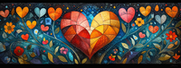 Stained glass artwork featuring a large heart and floral motifs