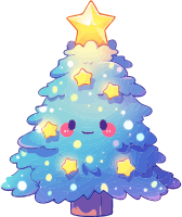 A blue Christmas tree with a smiling face and star decorations
