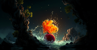 An underwater explosion with a red orb and a fiery cloud amidst rocky terrain.
