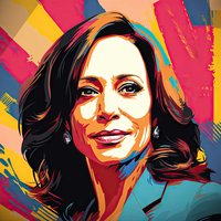 Stylized portrait of Kamala Harris with colorful background