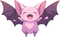 A smiling cartoon bat with purple wings and a heart-shaped mark on its chest.