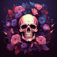 Colorful skull surrounded by flowers and foliage
