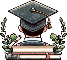 Back view of a graduate with a graduation cap and a stack of books