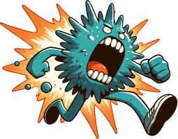 A blue cartoon germ with a shocked face and sneakers is running with an orange explosion in the background.