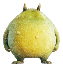 A pixelated green creature with two horns and small arms on a black background.