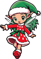 Cartoon Christmas elf in red dress and green hat flying