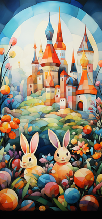 Two Easter bunnies in a colorful garden with a fairy tale castle in the background