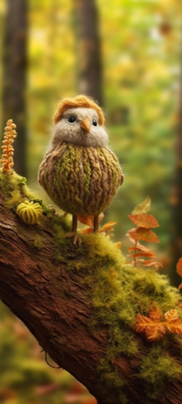 A small, moss-covered bird figurine with yarn details on a tree branch