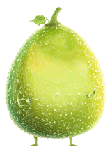 A cartoon pear with a leaf on top and legs