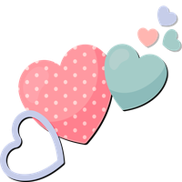 Heart-shaped design elements in pink, blue, and purple hues