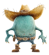 Cartoon cowboy character with blue body and cowboy hat