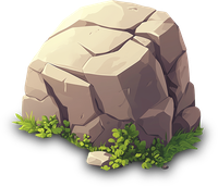 A cartoon-style large beige rock with cracks and green plants around its base.