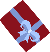 A red gift box with a light blue ribbon and bow