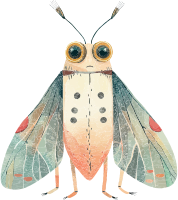 Illustration of a moth with large eyes and colorful wings