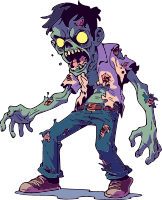 Cartoon zombie character with glowing yellow eyes and ripped clothing