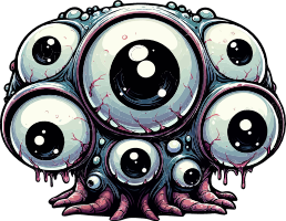 A surreal digital artwork depicting a group of cartoonish eyes with red veins and a large central eye.