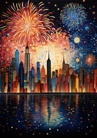 New York City skyline with fireworks over water at night