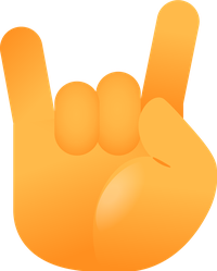 An orange hand making the rock on gesture with index finger and pinky raised.