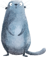 A blue cartoon cat with large white eyes and long whiskers