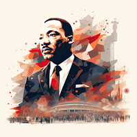 Martin Luther King Jr. in a suit with a tie, surrounded by abstract shapes and a crowd