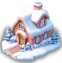 Illustration of a pink house with a snow-covered roof and surrounding snowy trees