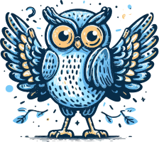 Pixelated blue owl with large eyes and outstretched wings