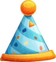 Blue party hat with colorful shapes and golden top