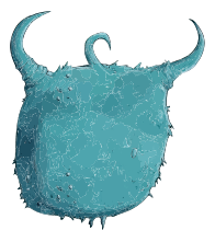A blue creature with horns and a fuzzy, textured body