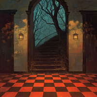 An illustration of a stairway leading to a mysterious destination through an arched doorway, with a checkered floor and lanterns on the wall