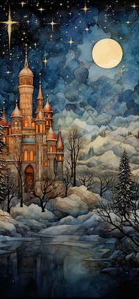 A mystical castle with towers and spires standing amidst snow-covered trees under a starry night sky with a full moon.