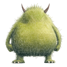A green monster with horns and a furry body.