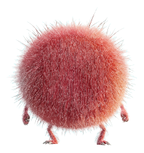 A red, fuzzy, spherical microorganism with protrusions