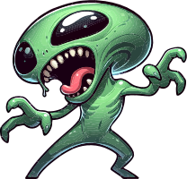 Cartoon green alien with large eyes and sharp teeth