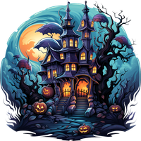 A spooky cartoon mansion with lit windows and jack-o-lanterns around it under a full moon.