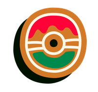 A stylized circular logo with a mountain landscape