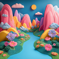 A serene 3D landscape with pink and yellow rock formations, colorful flowers, and a winding blue river.