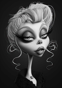 A 3D rendered image of a woman with an elongated neck and stylized features.