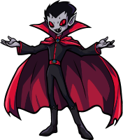 Cartoon vampire character in a black and red costume